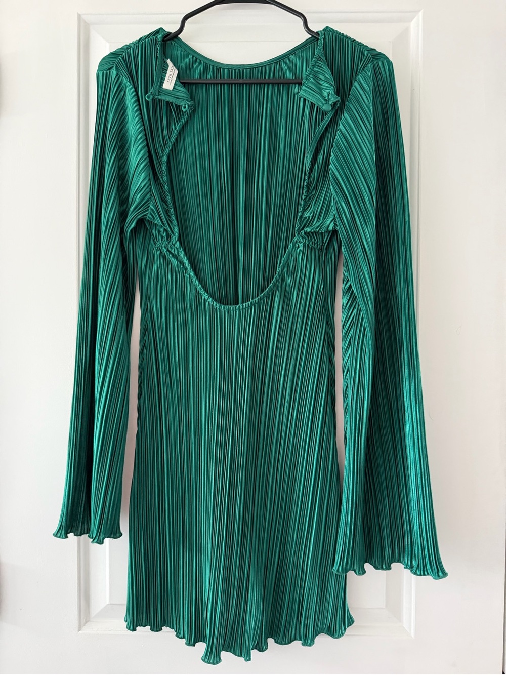 12th Tribe Emerald Green Pleated Long Sleeve Backless Mini Dress